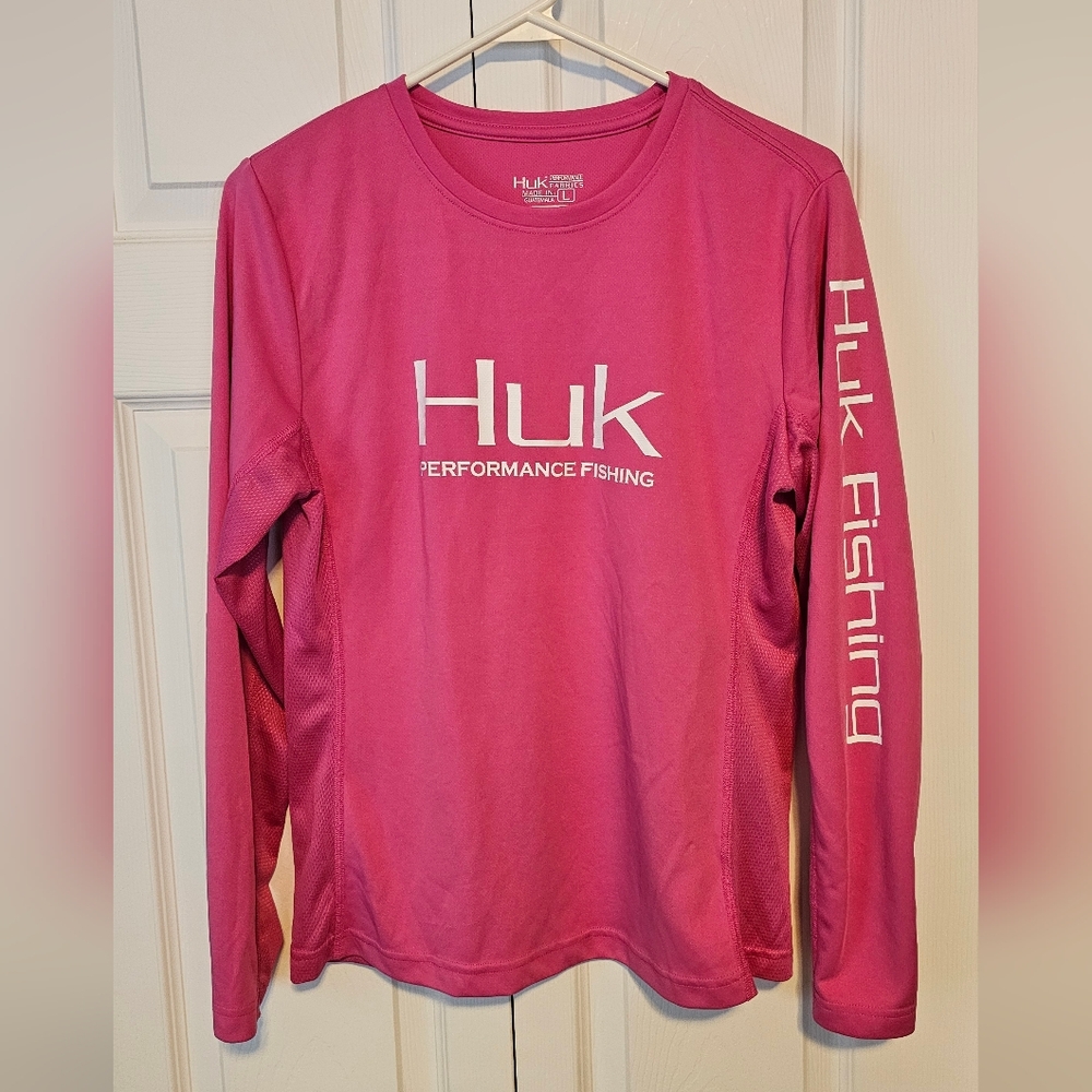 Huk Vibrant Pink Performance Fishing Shirt - Size L (snug)